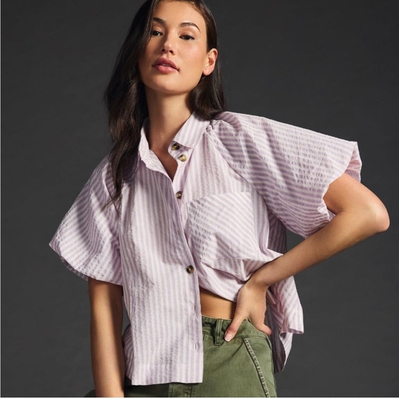 Maeve By Anthropologie The Zooey Bubble-Sleeve Blouse Button Down Striped XL - Picture 3 of 13
